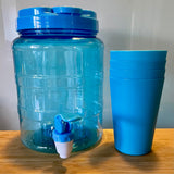 Blue plastic water dispenser with 4 cups (preloved)