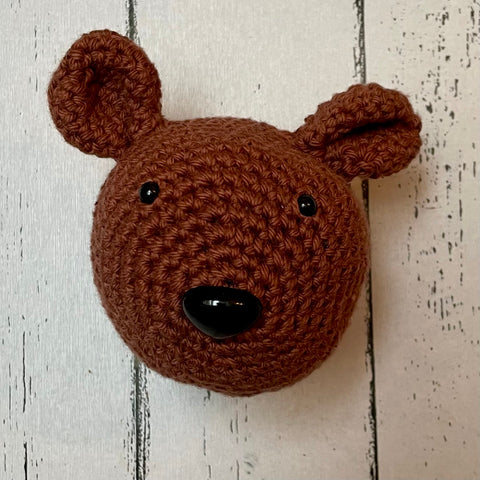 Crocheted animal head wall hanging - brown bear