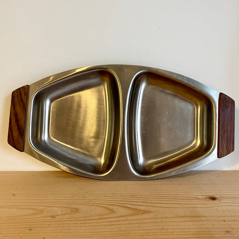 Stainless steel tray with 2 compartments and wooden handles (preloved)