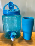 Blue plastic water dispenser with 4 cups (preloved)