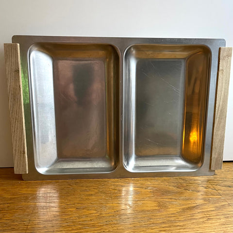Stainless steel tray with wooden handles and 2 compartments (preloved)