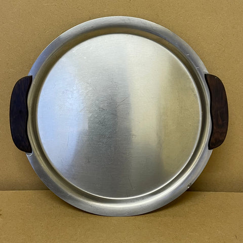 Round stainless steel tray with wooden handles (preloved)