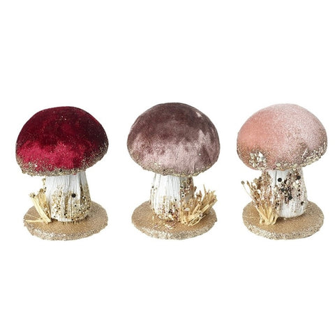 Glittery velvet toadstool on wood slice - 1 supplied and colour chosen at random