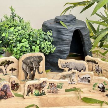 Endangered animal families wooden characters