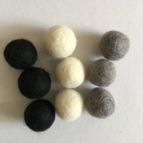 Felt balls - black, grey and white set